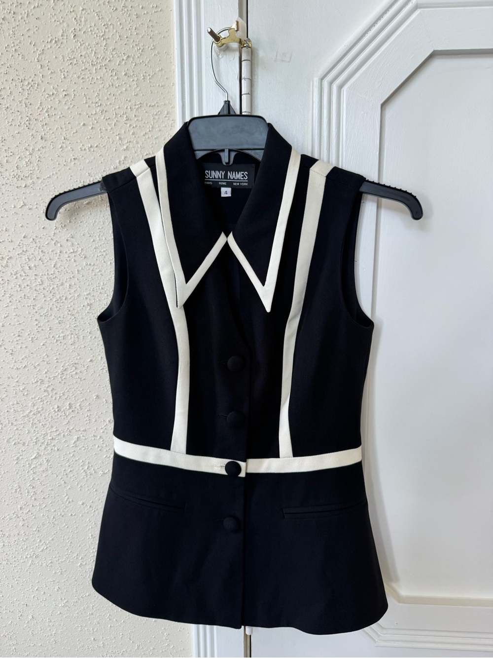 Black Sleeveless Button Front Blouse with White Trim